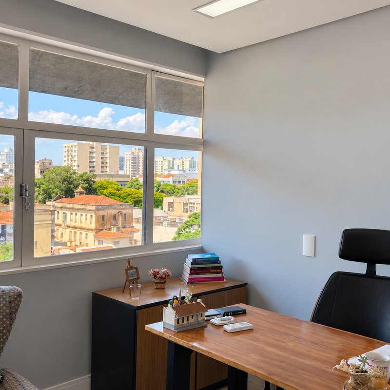 Mesa de trabalho junto à janela com vista da cidade
